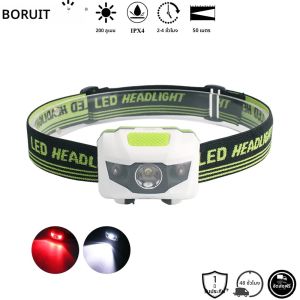 ไฟฉายคาดศีรษะ BORUiT สีแดงและขาว LED ขนาดเล็ก 4 โหมด 200 ลูเมน น้ำหนักเบา กันน้ำ เหมาะสำหรับตั้งแคมป์ เดินป่า ใช้แบตเตอรี่ AAA