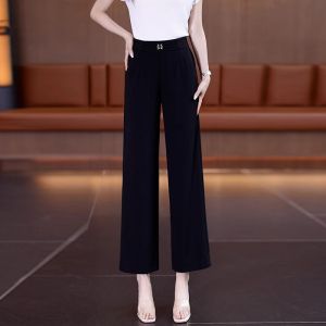 High Waist Wide Leg Pants Ice Silk Cotton Linen Nine Points Straight Cut Loose Fit Casual Trousers for Women Summer New Style