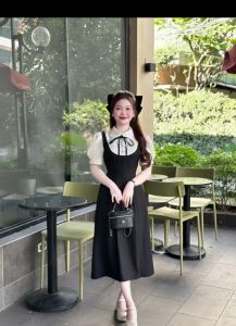 Đầm tiểu thư nữ dáng dài đính nơ phối ren kiểu dáng xinh xắn