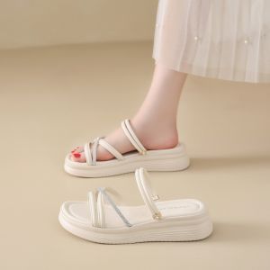 Roman Style Sandals Womens Summer Outdoor Wear Comfortable Beach Two-Way Wear Sandals Slippers Diamond Embellished Flat Heels