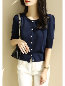 Loose Knitted Black Sleeveless round Neck Sweater Womens Spring Autumn New Style Five-Quarter Sleeve Top Thin Korean Style