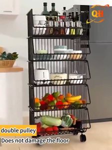 3/4/5 Tiers Multifunctional Kitchen Basket Rack Storage Organizer with Wheel Vegetable Spice Rack Bathroom Rack Rak Sayur
