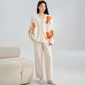 MiiOW | Bộ đồ ngủ lông cừu nửa bên ngoài cho nữ mùa thu đông 2025 Bộ đồ mặc nhà ấm áp có thể mặc ngoài trời Bộ đồ ngủ thoải mái