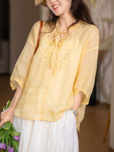 XIAOER | Bead Embroidery Wooden Ear Tie Blouse 100% Ramie