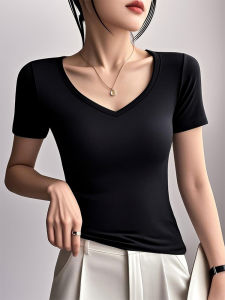 New 2025 Womens Modal Ice Silk V-neck T-shirt Thin Breathable Half Sleeve Shoulder Mask Commute Korean Style Summer Top