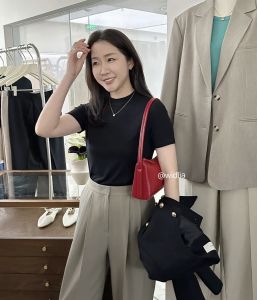 Widelia Three-Line Boss Lady Silm Slim Looking Versatile Half-High Collar Small Stand-up Collar Short-Sleeved T-shirt Tops Female 7106