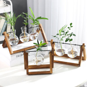 Creative Glass Vase Hydroponic Plant Decorative Office Desktop Decoration Wooden Stand Container Green Ivy Flower Pot Ornaments