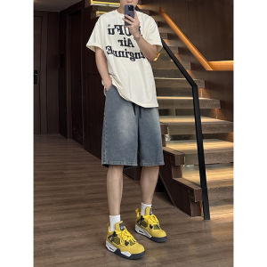 Retro American Style Mens Denim Shorts Summer Vintage Starry Sky Pattern Straight Leg Blue Washed Casual Pants for Teens