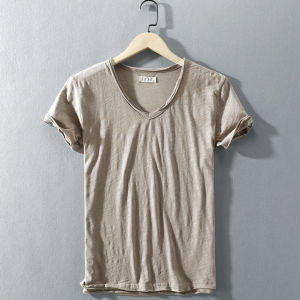 เสื้อยืดลำลองผู้ชายสำหรับฤดูร้อนเสื้อยืดตัวในสีพื้นทำให้ดูเก่าขอบม้วนแขนสั้นขอบขาดคอวีซักด้วยเส้นด้ายไม้ไผ่คอตตอน