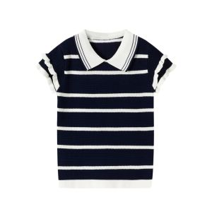 YUEZHONGWEI | Slim Fit Knitted Short Sleeve T-Shirt Women Summer Small Size Polo Shirt Top Color Block Striped Turn-down Collar Commute Style