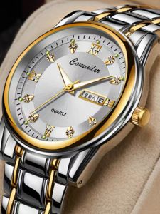 Authentic Swiss Automatic Mechanical Wristwatch for Men Waterproof Business Style with Double Calendar and Diamonds