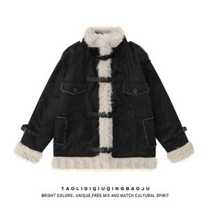 Elegant Suede Jacket Womens Loose Fit Zipper Closure Long Sleeve Stand Collar Fleece Lined Retro Hip Hop Winter Coat