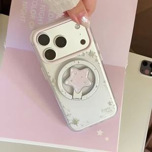 Simple Fold Glitter Stars Magnetic Bracket Phone Case For iPhone 17 16 15 14 13 12 Pro Max Clear Shockproof Bumper Soft Cover
