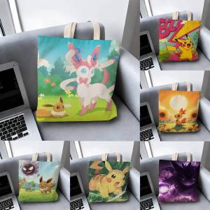 Bandai | Pokemon Kalos Starters Storage Bags Tote Bag Travel Summer Beach Shoulder Bag Reusable Grocery Shopping Bag Anime Artwork