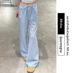 กางเกงขายาวผ้าไหมน้ำแข็งลายสก็อตเอวสูงทรงหลวมสไตล์เกาหลีสำหรับผู้หญิงในช่วงฤดูร้อน กางเกงขายาวทรงหลวมสบาย ๆ ทรงสลิมฟิต