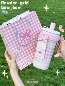 Dopamine Pink Plaid Bows Large Capacity Vacuum Cup Straw Handle 316 Stainless Steel Large Ice Cup Gift