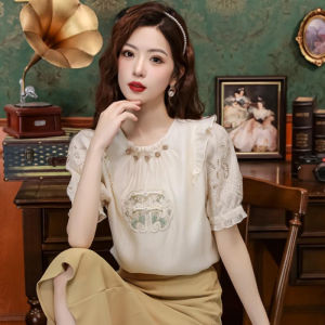 New Chinese Style Embroidered Hollow out round Neck Bubble Sleeve Chiffon Shirt Short Sleeve Womens Fashion Summer 2024