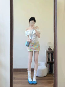 French Lace Trim Shoulder Bared T-Shirt Womens Slim Fit Pleated Short Style Summer Cotton Korean Version Commute Style