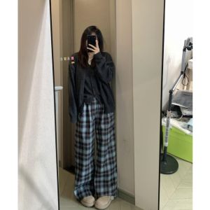 กางเกงขายาวผู้หญิงทรงหลวมสไตล์ย้อนยุคคอตตอนขนแกะสีกลางๆ กางเกงขายาวทรงหลวมเอวยางยืดทรงหลวมๆ ฤดูใบไม้ร่วง/ฤดูหนาว