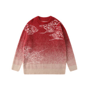 LAMLICKA Red Cloud Pattern Knitted Sweater Mens Loose Fit Autumn Winter Casual Style Fashionable Chinese Style Knitwear