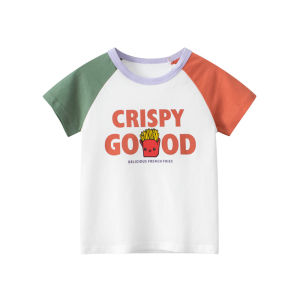 Summer New Childrens Pure Cotton Short Sleeve T-shirt Korean Cartoon Patchwork Sleeve Girls Fashionable round Neck Top