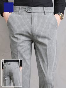 ROMON | Lormen Mens Casual Pants Summer Thin Business Loose Straight Stripe Suit Elastic Long Trousers Fashionable Youth Polyester Blend