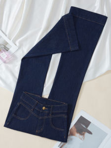 High Waist Fleece Lined Denim Blue Flared Jeans Womens Autumn Winter New Style Small Size Nine Point Flared Pants Horse Hoof Pants