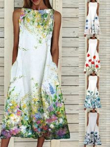 ชุดเดรสแขนกุดหลวมพิมพ์ลายสำหรับผู้หญิง ชุดเดรสยาวคลุมเข่า ทรงหลวม แขนกุด คอวี ผ้าฝ้ายผสมโพลีเอสเตอร์ ฤดูร้อน