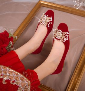 Red Flat Head Square Wedding Shoes Womens New 2023 Chinese Style XiaoHei Wedding Dress Two-Way Drinking Single Shoes