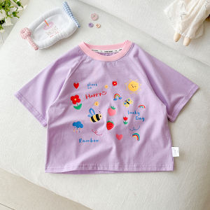 Sweet Short Sleeve round Neck T-Shirt for Girls Cute Fresh Style Childrens Summer New Arrival Cotton Blend Comfortable Top