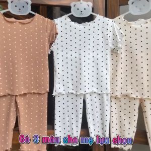 Đồ bộ bé gái cotton dễ thương Bộ cộc tay bé mặc nhàquần áo trẻ em mùa hèBộ mặc ngủ áo thun quần short Legging chấm bi