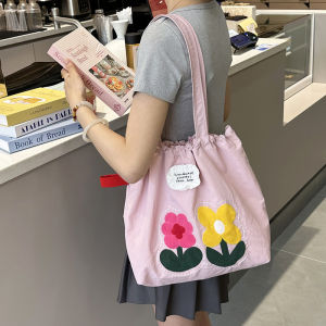 Embroidered Flower Nylon Bag Womens Shoulder Tote Bag Large Capacity Commuter Bag Fashionable All-Match Single Shoulder Bag