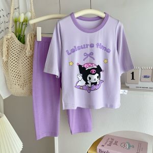 Princess Style Childrens Sleepwear Set Purple Kurokos Seven Sleeve Modal Home Clothes Comfortable Loose Fit for Girls