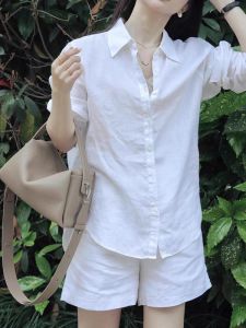 White Shirt Classy Linen Suit Womens Summer Casual Minimalist Sun Protection Shirt Shorts Thin Cotton and Linen Two-Piece Suit