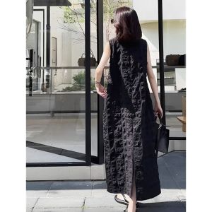 Váy Dài Không Tay Màu Đen Kiểu Pháp Cỡ Lớn Cho Nữ Mùa Hè Váy Midi Rộng Rãi Chất Liệu Polyester Trang Phục Công Sở