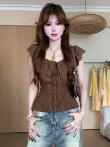 French Style Lace Splice Shoulder Bicolor Shirt Womens Summer Short Sleeve Breathable Comfortable Coffee Color Flying Sleeve Top