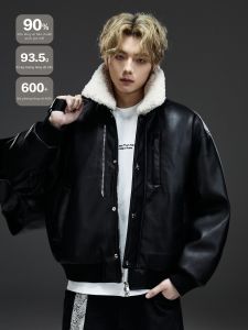 ALLIN | Detachable Lamb Fur Collar Leather Jacket for Couples Black
