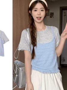 Korean Style Color Block Short Sleeve round Neck T-Shirt Womens Slim Fit Short Length Commute Style Knitted Moisture Wicking