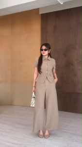 Mayny Set :: ชุดเซ็ท 2 ชิ้นขายาว ชุดเซ็ทขายาว เสื้อคอปกแขนสั้นแต่งกระดุม งานเรียบหรู ทำงานสีดำ BETTY (B045)