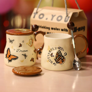 Cốc Thủy Tinh Sứ Bướm Cỡ Lớn Ins Phong Cách Cổ Điển Cốc Đựng Sữa Cốc Đựng Nước Cho Bạn Thân Quà Tặng Sinh Nhật Cốc Có Nắp Và Thìa