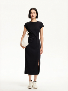 Vero Moda | Đầm Maxi Màu Đơn Mới Thu Cổ Tròn Xẻ Tà Gợn Sóng