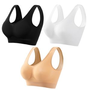 ชุดชั้นในสตรีแบบไร้ตะเข็บ 3 ชิ้น/ชุด เสื้อชั้นในสปอร์ตแบบครอปท็อป ระบายอากาศดี ยกกระชับทรง ไม่มีโครง ไม่มีฟองน้ำ สีพื้น เซ็กซี่