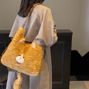 SEA YADOU  กระเป๋าสะพายไหล่ผู้หญิงกระเป๋าถือความจุขนาดใหญ่กระเป๋าโท้ทสำหรับเดินทางกระเป๋าเป้สะพายหลังฤดูหนาวกระเป๋าใต้วงแขนตุ๊กตาแมวน่ารัก