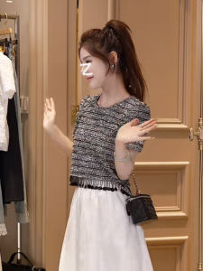 Zhang Yuan Yi Korean Style Short Sleeve Knitted Sweater Women Summer Elegance Celebrity Tassel Top Polyester Fiber Straight Cut