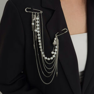 Ingemark Elegant Exquisite Acrylic Beads Pendant Brooch for Women Trendy Silver Color Tassel Dress Suit Collar Pins Clip Jewelry