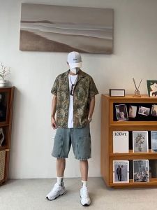 SINRANSINYA丨áo somi nam tay ngắn-Áo nam Cắm Trại Ngoài Trời Hawaii in bãi biển 1/2 tay áo sơ mi hàng ngày thời trang trẻ trung Ins Áo sơ mi đơn giản