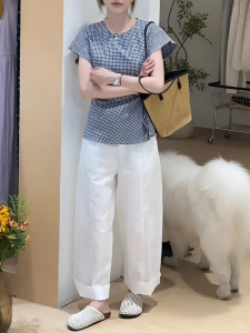 Shalldoer | Korean Style Lazy Casual Set Womens Summer Round Neck Plaid Short Sleeve Shirt Straight Leg Casual Pants Two Piece Set