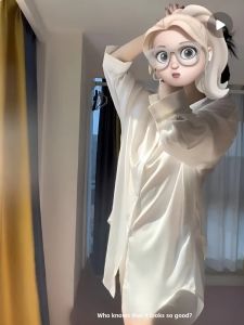 ชุดนอนไหมน้ำแข็งฤดูร้อนสำหรับผู้หญิง ชุดนอนแขนยาวคอตั้ง กระโปรงสั้น ชุดนอนผ้าไหมไซส์ใหญ่ ชุดนอนฤดูใบไม้ผลิและฤดูใบไม้ร่วง