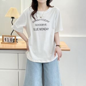 เสื้อยืดคอกลมพิมพ์ลายสำหรับผู้หญิงไซส์ใหญ่ในช่วงฤดูร้อนปี 2025 ทรงหลวม สไตล์เกาหลี แขนสั้น ทรงเข้ารูป ทรงเข้ารูป