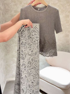 YUFUQING | Gray Lace Short Sleeve Knitted T-Shirt And Half Skirt Two-Piece Set Womens New Design Sensation Lady Fit Body Skirt Spring Fashion